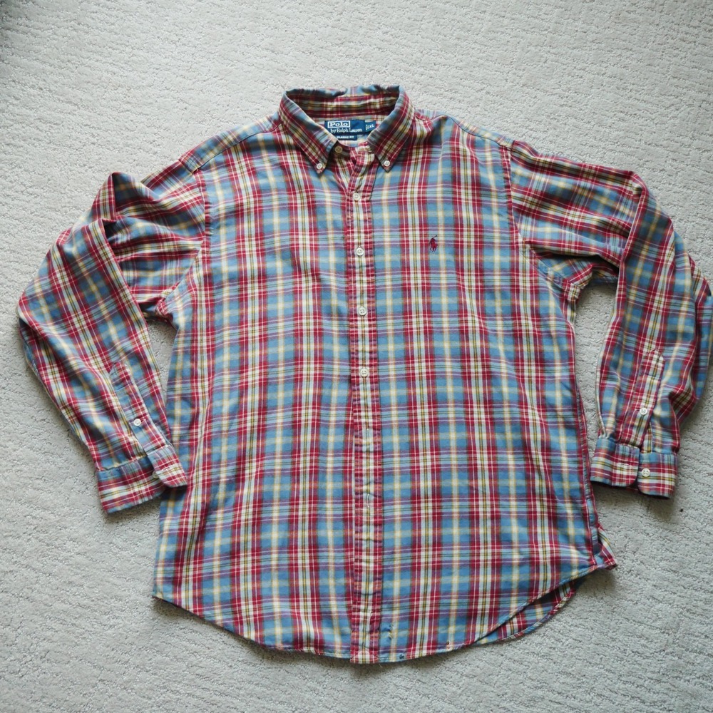 Vintage Polo Ralph Lauren Mens XL Classic Fit Plaid Button Down Shirt Red Yellow